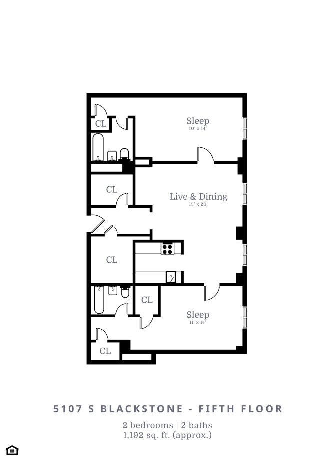 Floor plan for 2 beds, 2 baths, 1192 sqft
